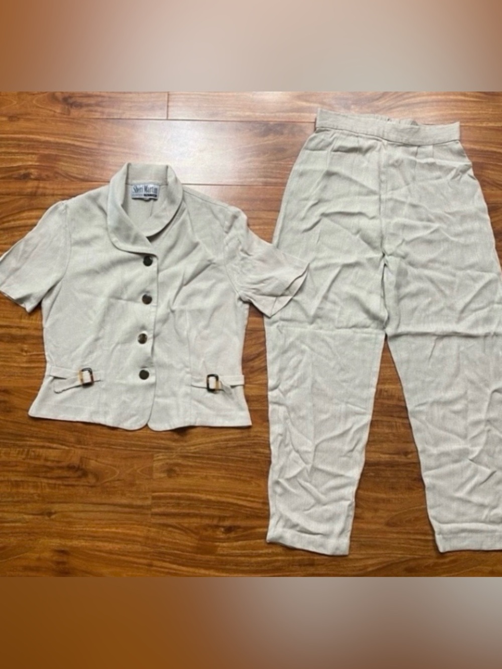 Vintage Sheri Martin Womens Oatmeal Button Short Sleeve Top + Crop Trouser 8P